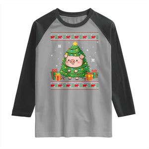 Funny Pig Christmas Tree Ugly Sweater Raglan Shirt Farm Animal Gift TS12 Sport Gray Black Print Your Wear