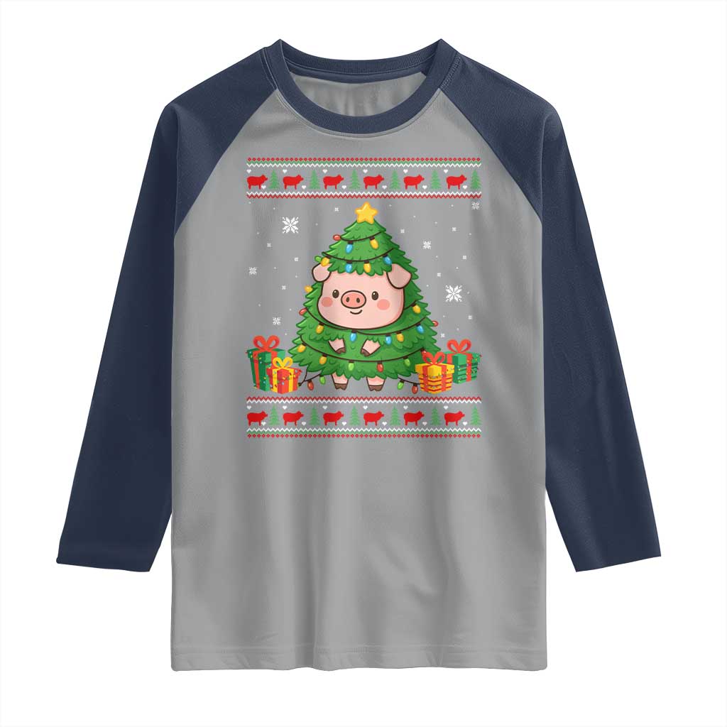 Funny Pig Christmas Tree Ugly Sweater Raglan Shirt Farm Animal Gift TS12 Sport Gray Navy Print Your Wear
