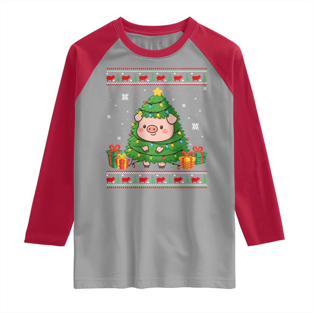 Funny Pig Christmas Tree Ugly Sweater Raglan Shirt Farm Animal Gift TS12 Sport Gray Red Print Your Wear