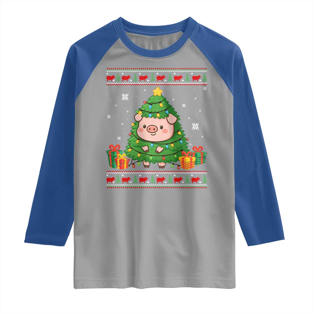 Funny Pig Christmas Tree Ugly Sweater Raglan Shirt Farm Animal Gift TS12 Sport Gray Royal Print Your Wear