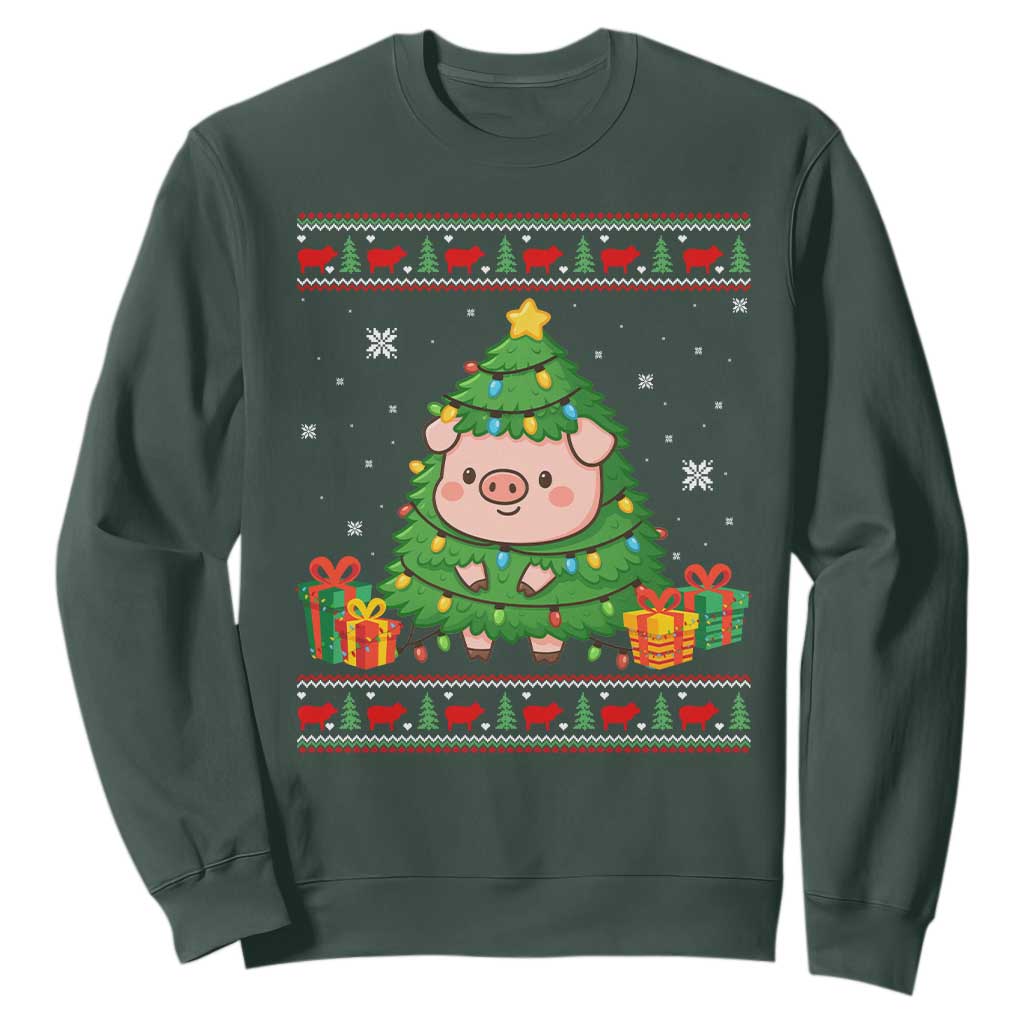 Funny Pig Christmas Tree Ugly Sweater Sweatshirt Farm Animal Gift TS12 Dark Forest Green Print Your Wear