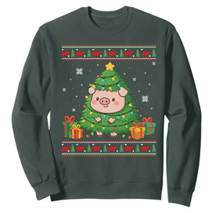Funny Pig Christmas Tree Ugly Sweater Sweatshirt Farm Animal Gift TS12 Dark Forest Green Print Your Wear
