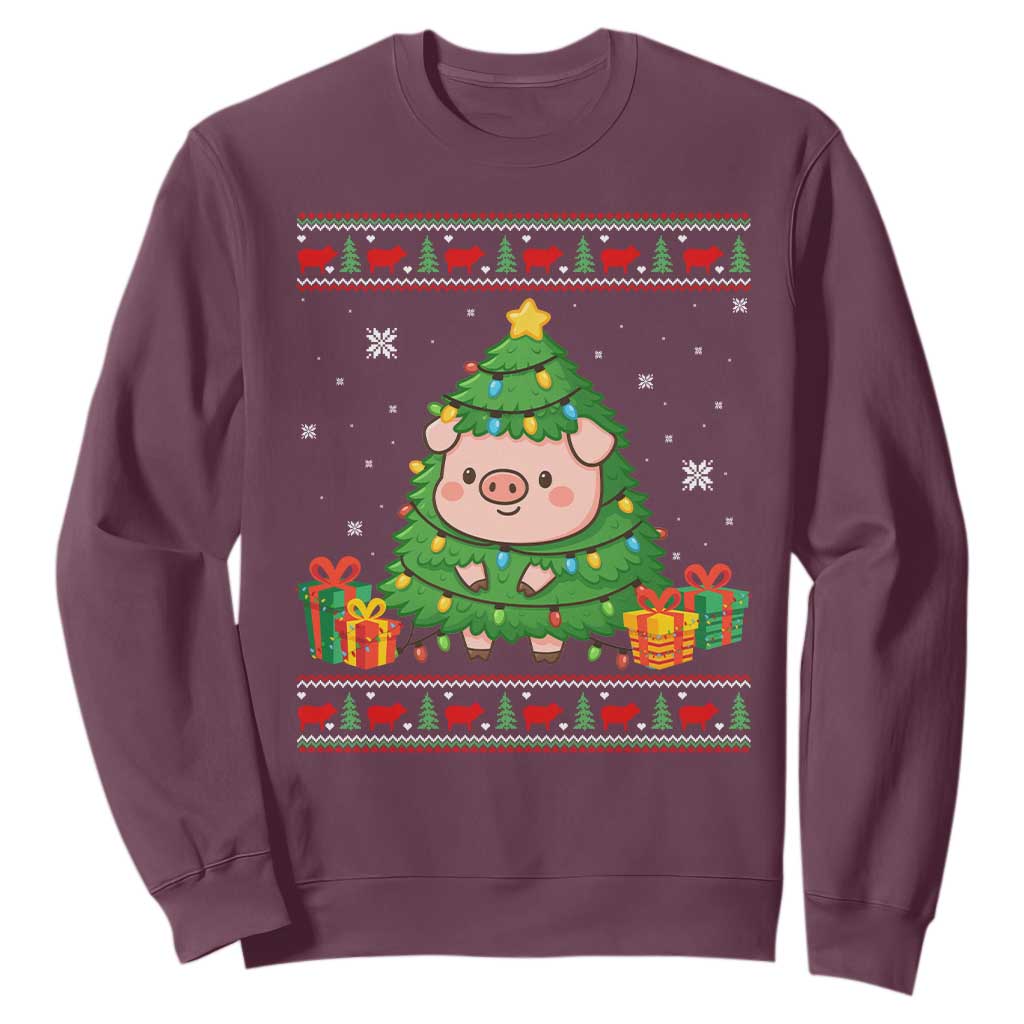 Funny Pig Christmas Tree Ugly Sweater Sweatshirt Farm Animal Gift TS12 Maroon Print Your Wear