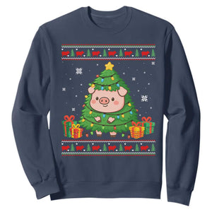 Funny Pig Christmas Tree Ugly Sweater Sweatshirt Farm Animal Gift TS12 Navy Print Your Wear