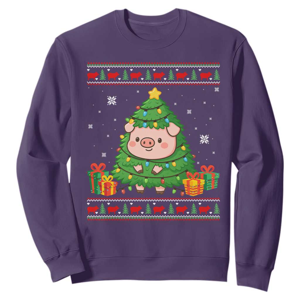 Funny Pig Christmas Tree Ugly Sweater Sweatshirt Farm Animal Gift TS12 Purple Print Your Wear