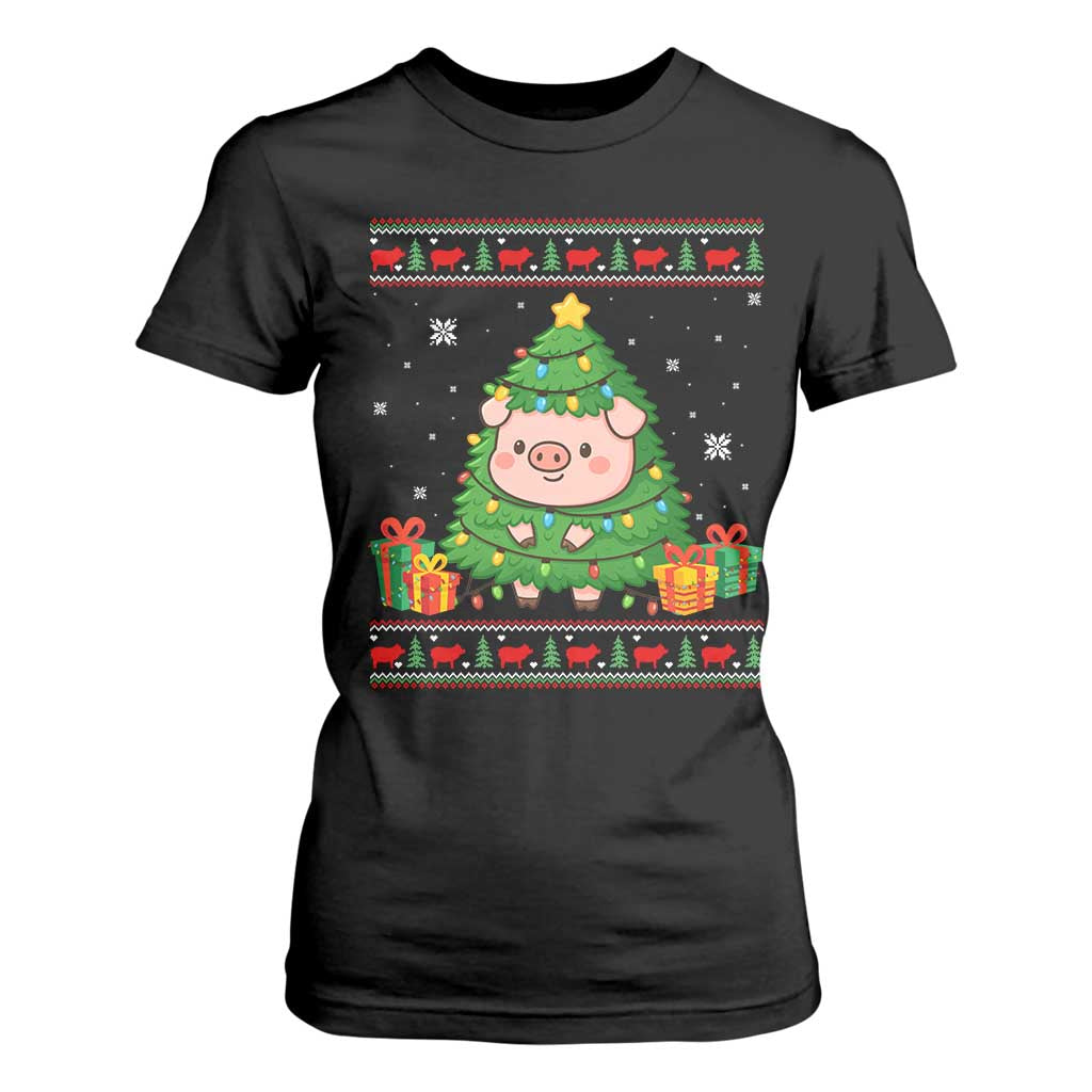 Funny Pig Christmas Tree Ugly Sweater T Shirt For Women Farm Animal Gift TS12 Black Print Your Wear