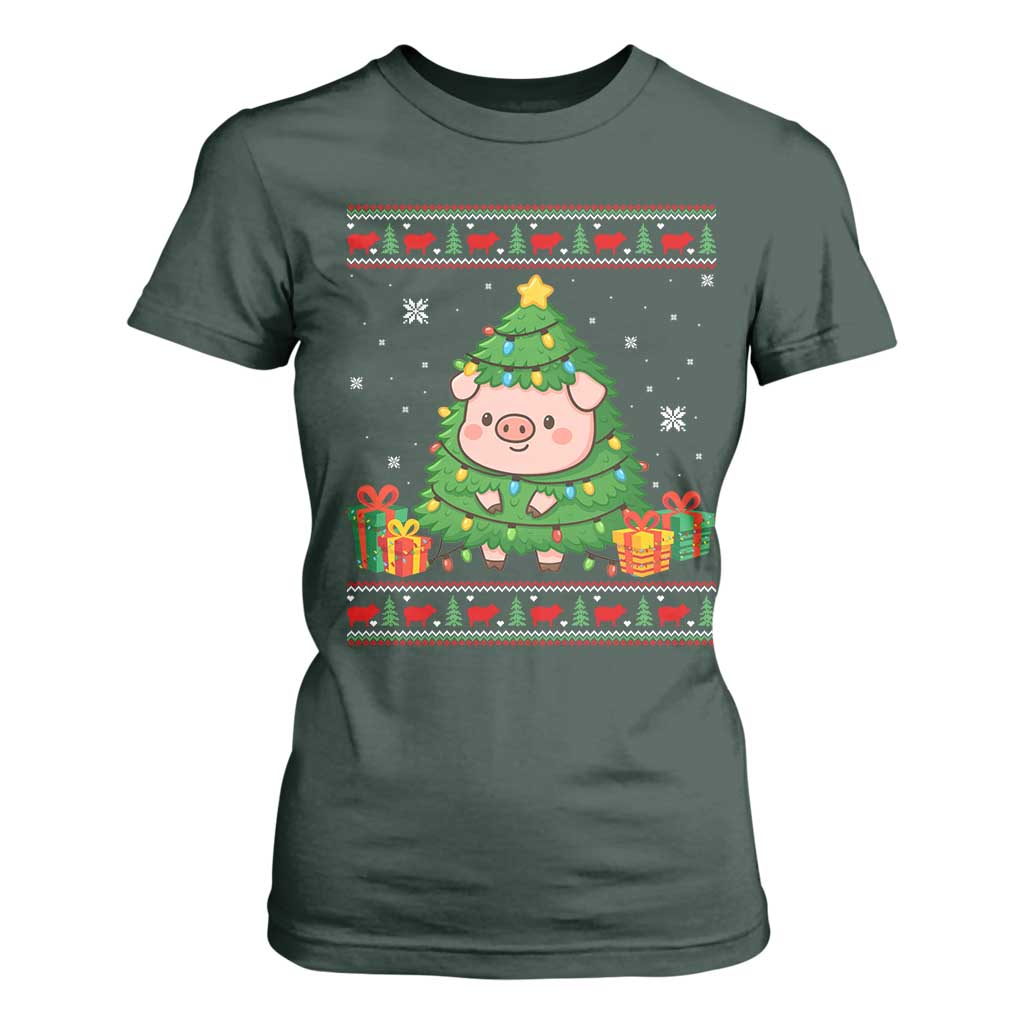 Funny Pig Christmas Tree Ugly Sweater T Shirt For Women Farm Animal Gift TS12 Dark Forest Green Print Your Wear