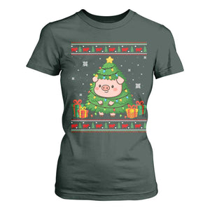 Funny Pig Christmas Tree Ugly Sweater T Shirt For Women Farm Animal Gift TS12 Dark Forest Green Print Your Wear