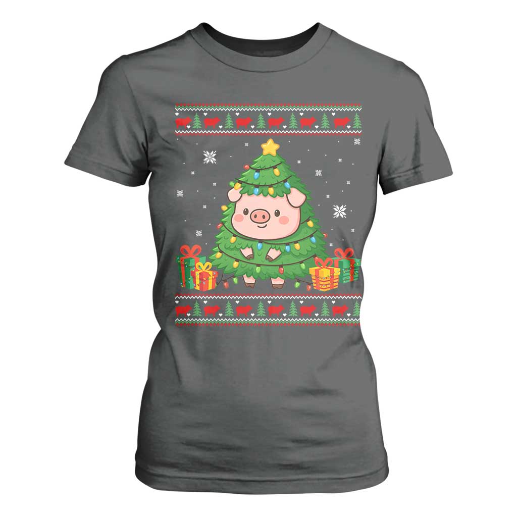 Funny Pig Christmas Tree Ugly Sweater T Shirt For Women Farm Animal Gift TS12 Dark Heather Print Your Wear