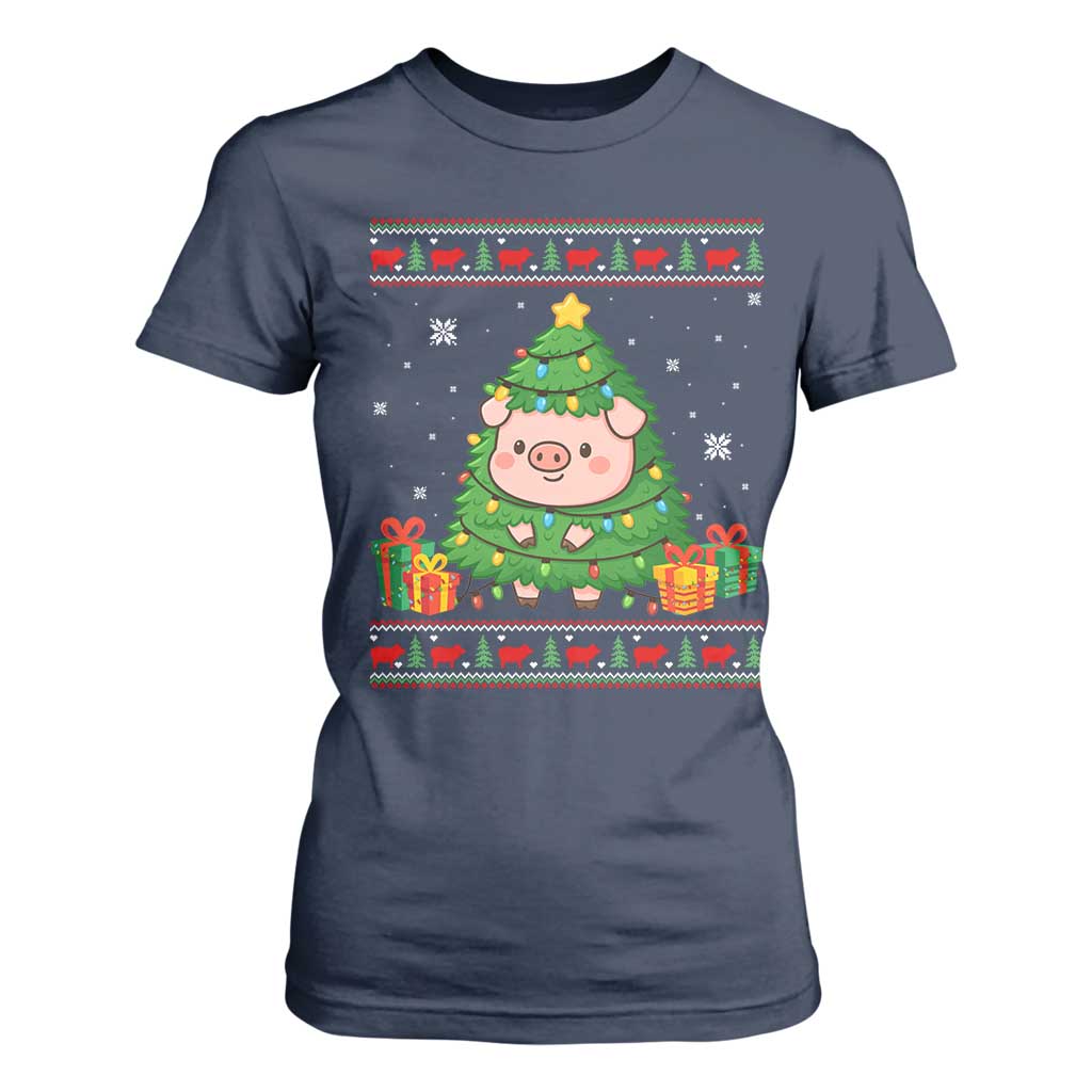Funny Pig Christmas Tree Ugly Sweater T Shirt For Women Farm Animal Gift TS12 Navy Print Your Wear