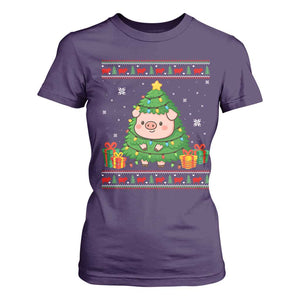 Funny Pig Christmas Tree Ugly Sweater T Shirt For Women Farm Animal Gift TS12 Purple Print Your Wear