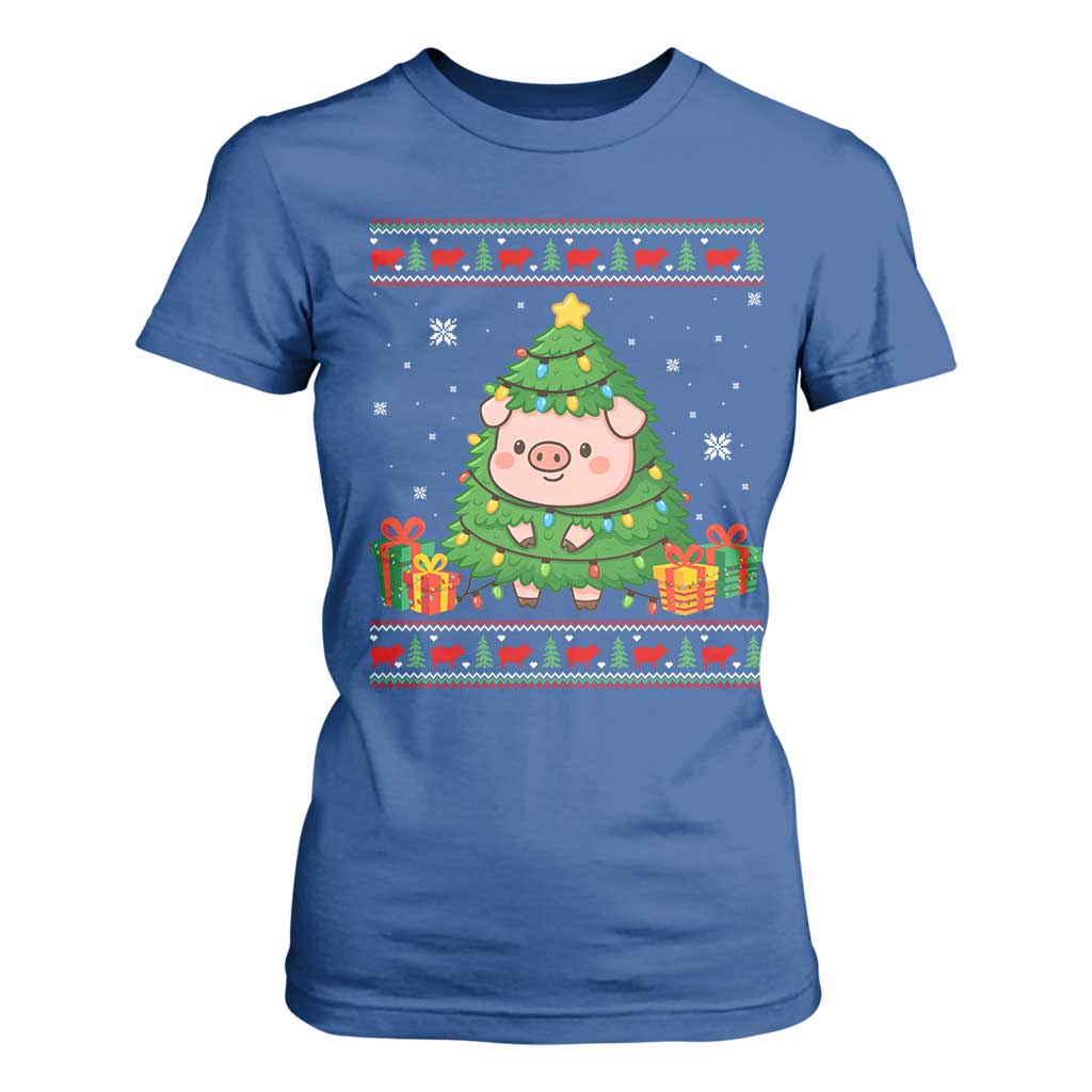 Funny Pig Christmas Tree Ugly Sweater T Shirt For Women Farm Animal Gift TS12 Royal Blue Print Your Wear