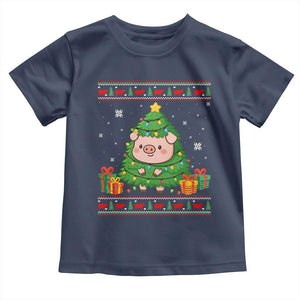 Funny Pig Christmas Tree Ugly Sweater Toddler T Shirt Farm Animal Gift TS12 Navy Print Your Wear