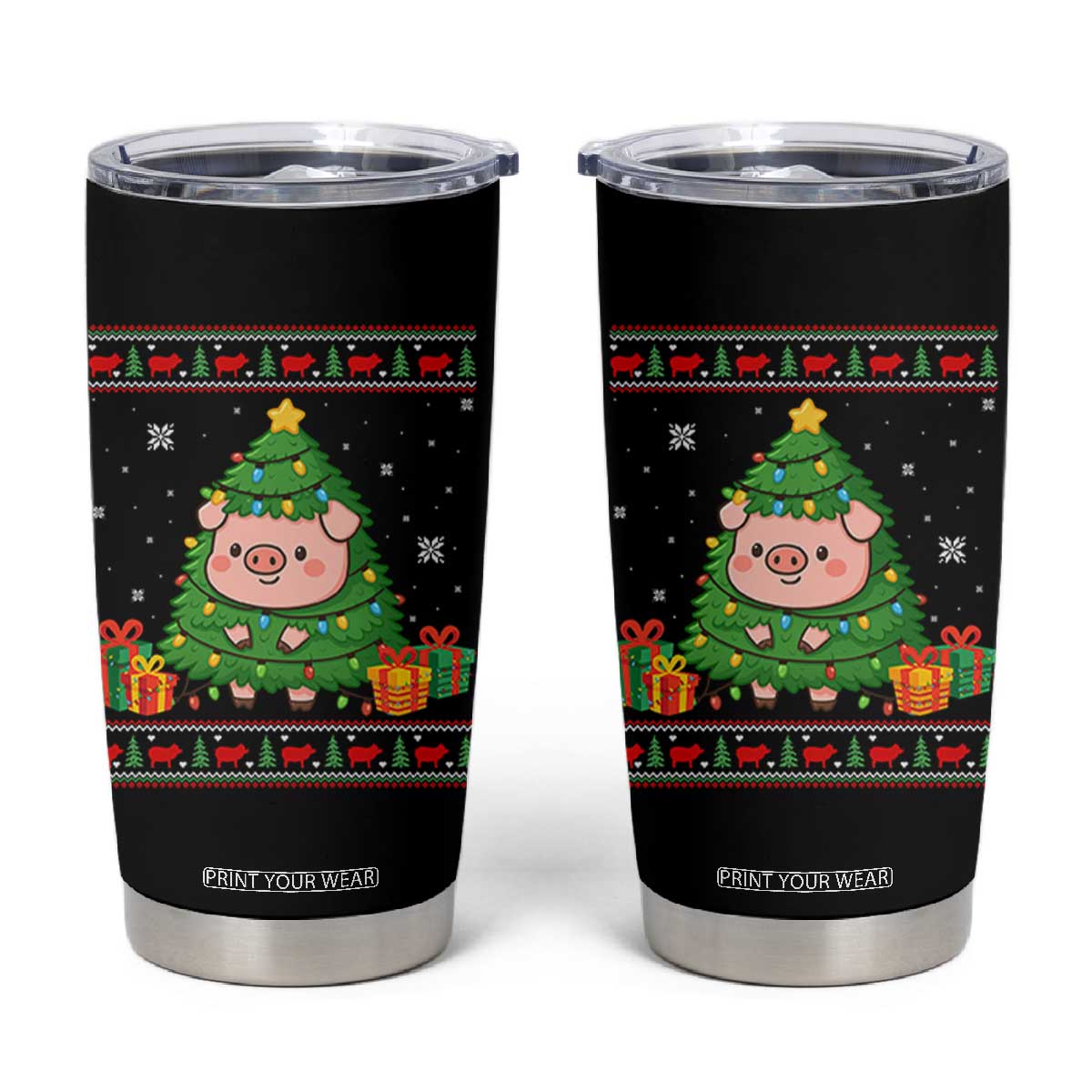Funny Pig Christmas Tree Ugly Sweater Tumbler Cup Farm Animal Gift TS12 Black Print Your Wear