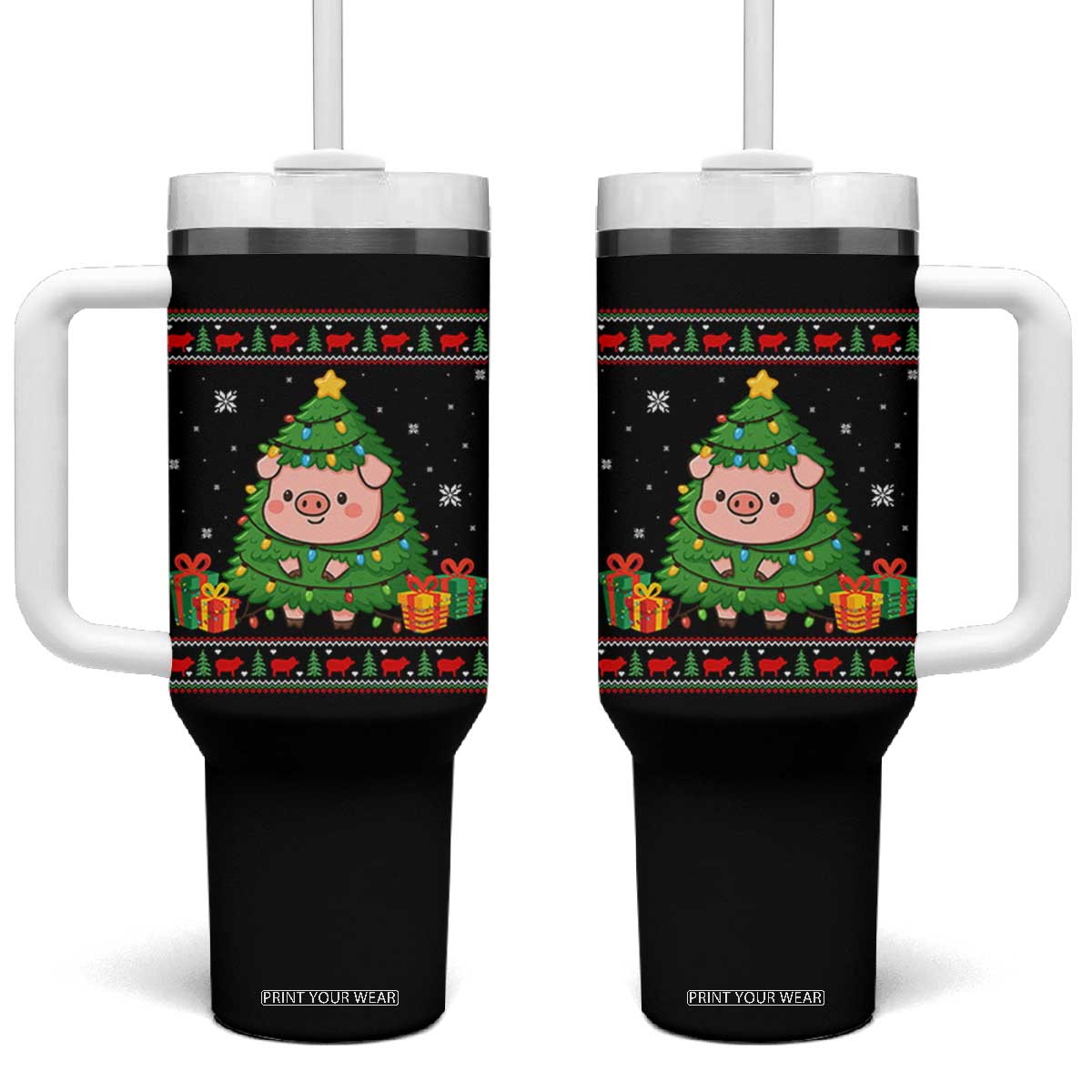 Funny Pig Christmas Tree Ugly Sweater Tumbler With Handle Farm Animal Gift TS12 One Size: 40 oz Black Print Your Wear