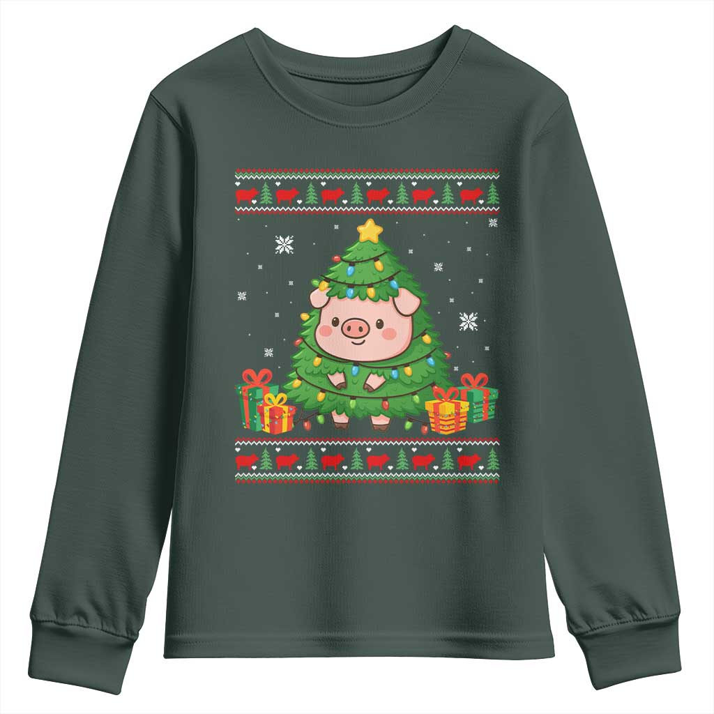 Funny Pig Christmas Tree Ugly Sweater Youth Sweatshirt Farm Animal Gift TS12 Dark Forest Green Print Your Wear