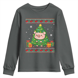 Funny Pig Christmas Tree Ugly Sweater Youth Sweatshirt Farm Animal Gift TS12 Dark Heather Print Your Wear