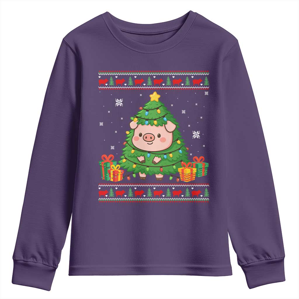 Funny Pig Christmas Tree Ugly Sweater Youth Sweatshirt Farm Animal Gift TS12 Purple Print Your Wear