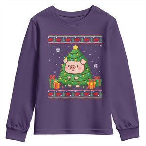 Funny Pig Christmas Tree Ugly Sweater Youth Sweatshirt Farm Animal Gift TS12 Purple Print Your Wear
