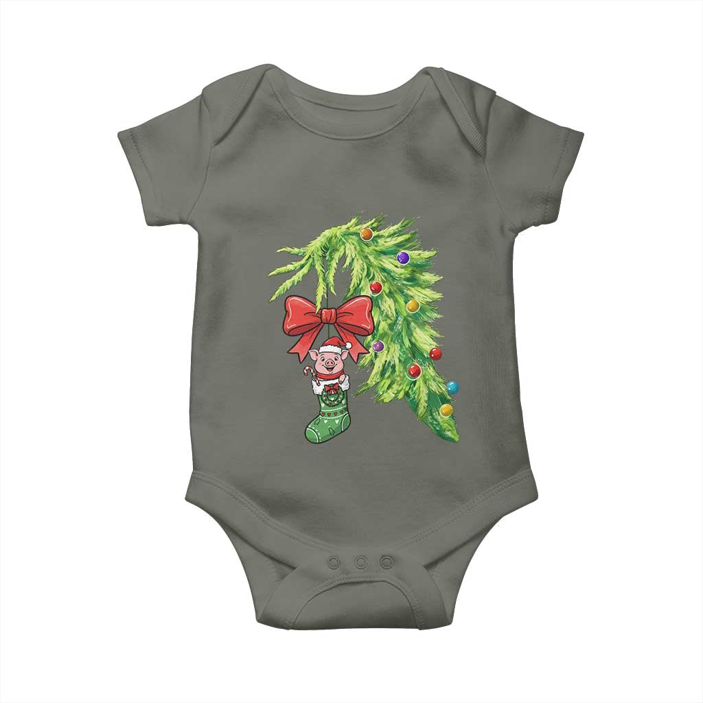 Funny Christmas Pig In Green Hand Naughty Baby Onesie Pet Lover Gift TS12 Military Green Print Your Wear
