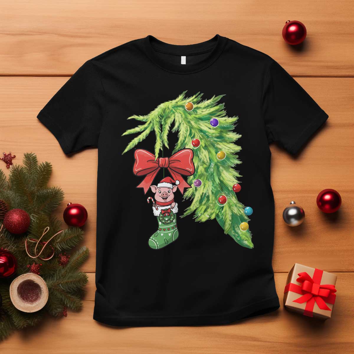 Funny Christmas Pig In Green Hand Naughty T Shirt Pet Lover Gift TS12 Black Print Your Wear