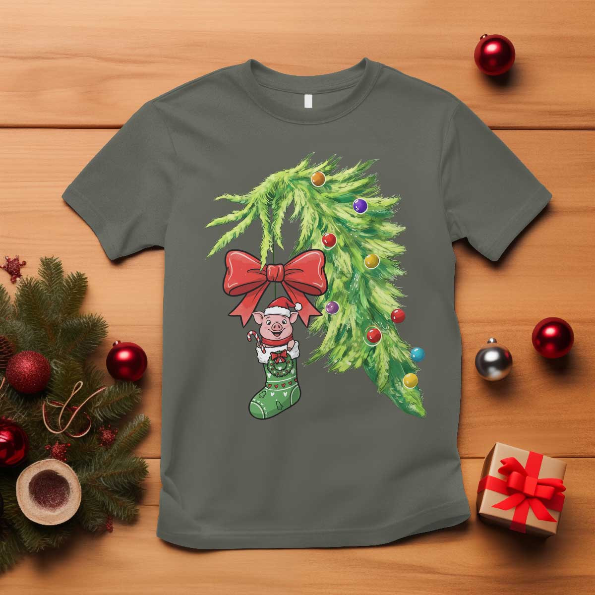 Funny Christmas Pig In Green Hand Naughty T Shirt Pet Lover Gift TS12 Military Green Print Your Wear