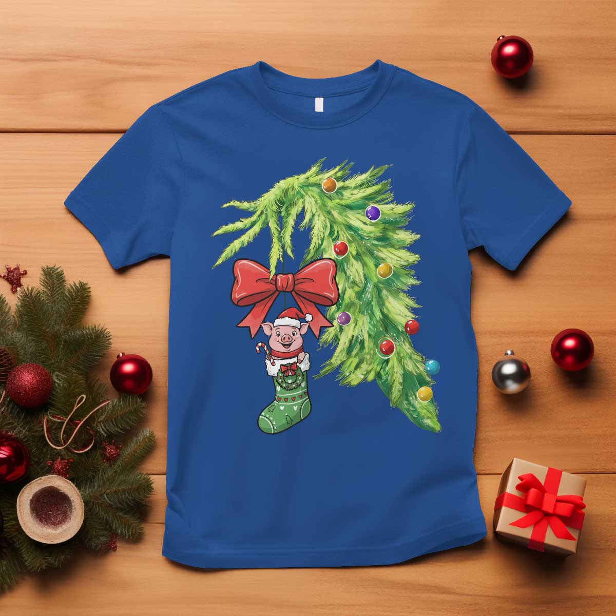 Funny Christmas Pig In Green Hand Naughty T Shirt Pet Lover Gift TS12 Royal Blue Print Your Wear