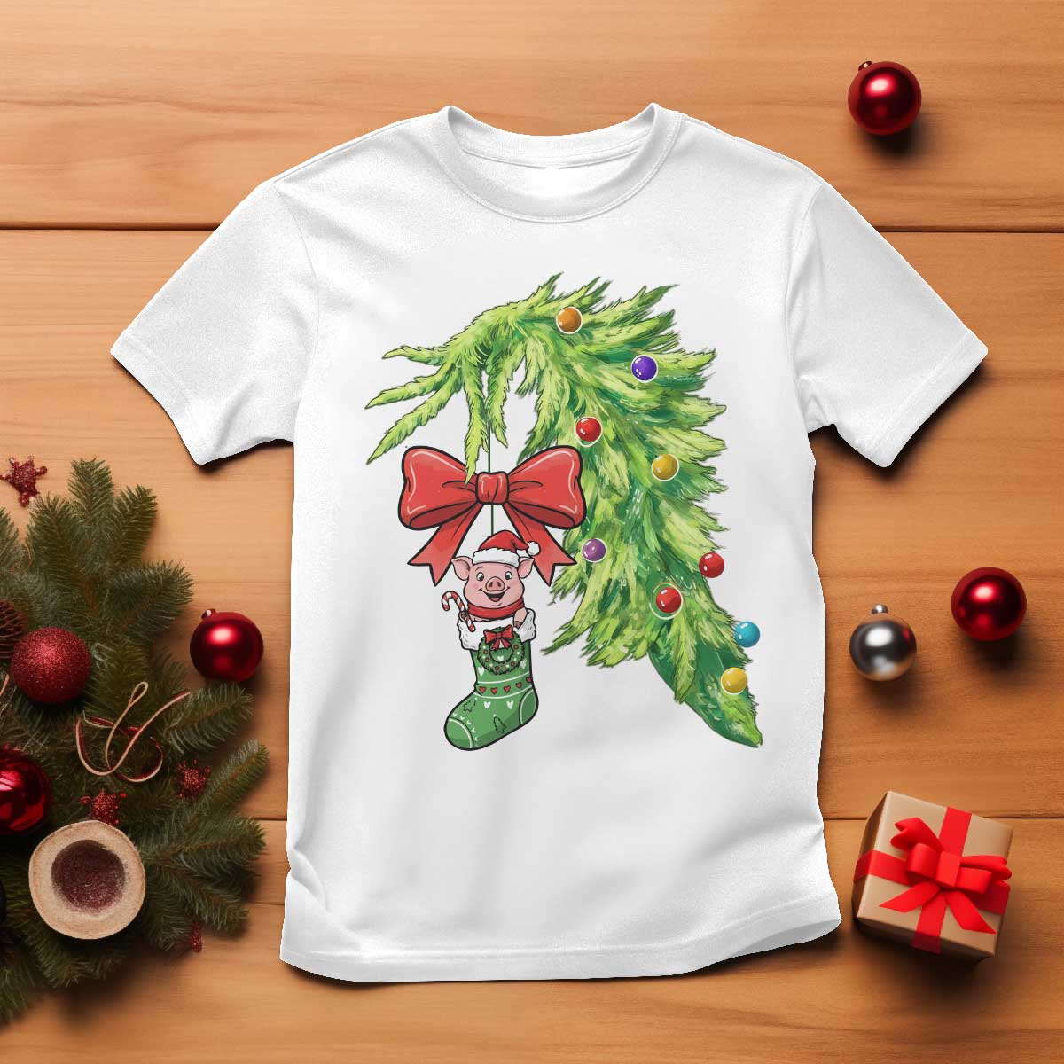 Funny Christmas Pig In Green Hand Naughty T Shirt Pet Lover Gift TS12 White Print Your Wear