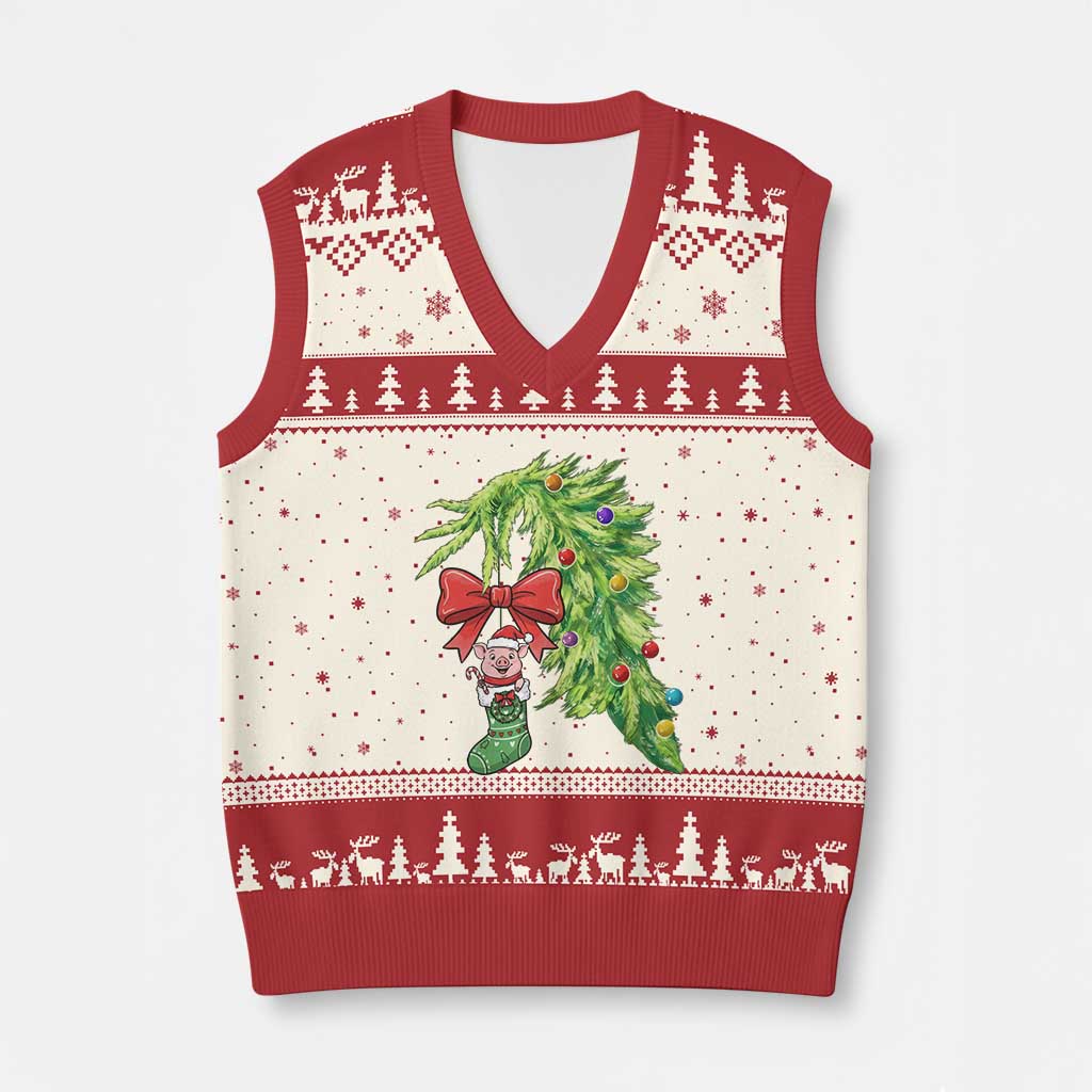 Funny Xmas Pig In Green Hand Naughty V-Neck Knit Sweater Vest Pet Lover Gift TS12 Beige Red Print Your Wear