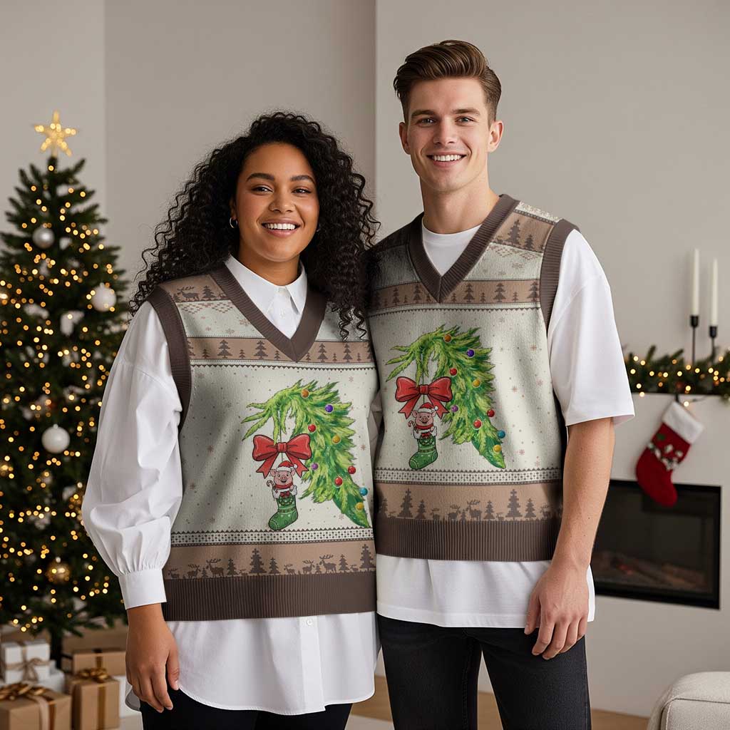 Funny Xmas Pig In Green Hand Naughty V-Neck Knit Sweater Vest Pet Lover Gift TS12 Mocha Mousse Print Your Wear