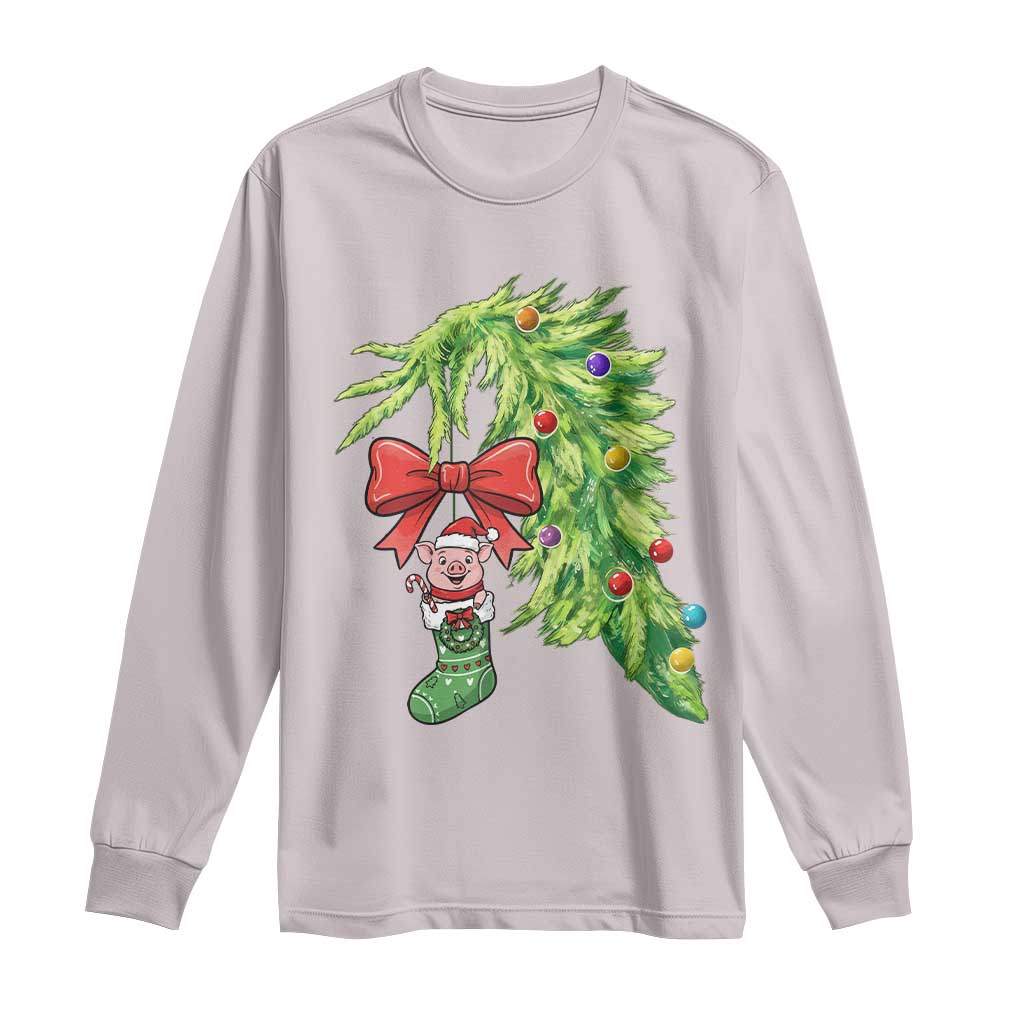 Funny Christmas Pig In Green Hand Naughty Long Sleeve Shirt Pet Lover Gift TS12 Ice Gray Print Your Wear