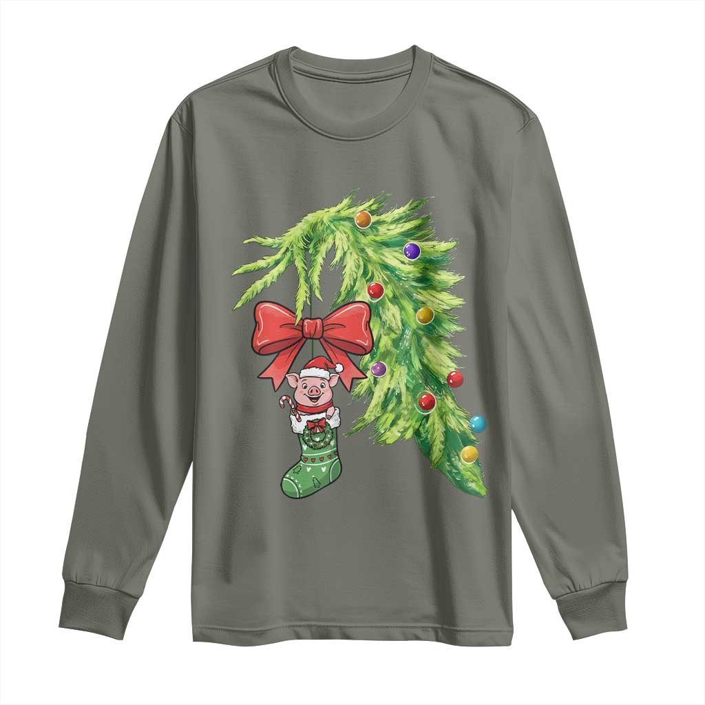 Funny Christmas Pig In Green Hand Naughty Long Sleeve Shirt Pet Lover Gift TS12 Military Green Print Your Wear