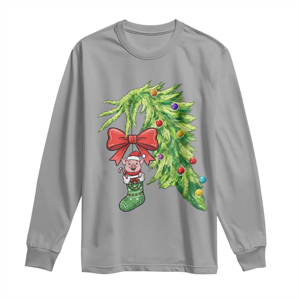 Funny Christmas Pig In Green Hand Naughty Long Sleeve Shirt Pet Lover Gift TS12 Sport Gray Print Your Wear