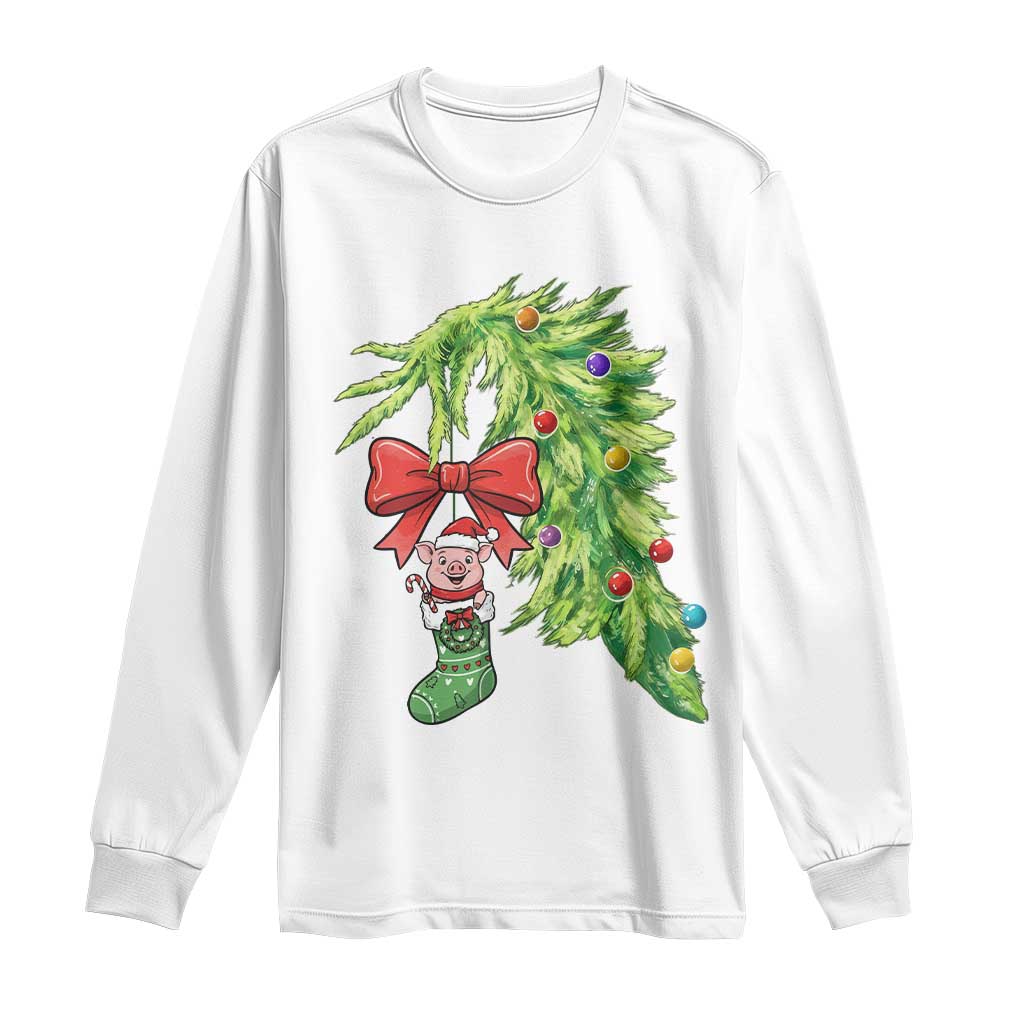 Funny Christmas Pig In Green Hand Naughty Long Sleeve Shirt Pet Lover Gift TS12 White Print Your Wear