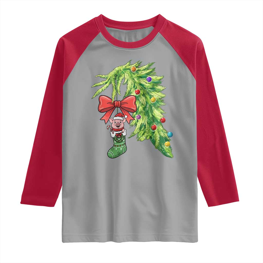 Funny Christmas Pig In Green Hand Naughty Raglan Shirt Pet Lover Gift TS12 Sport Gray Red Print Your Wear