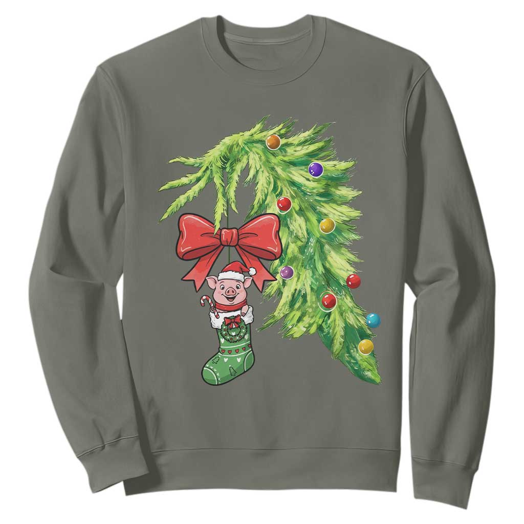 Funny Christmas Pig In Green Hand Naughty Sweatshirt Pet Lover Gift TS12 Military Green Print Your Wear