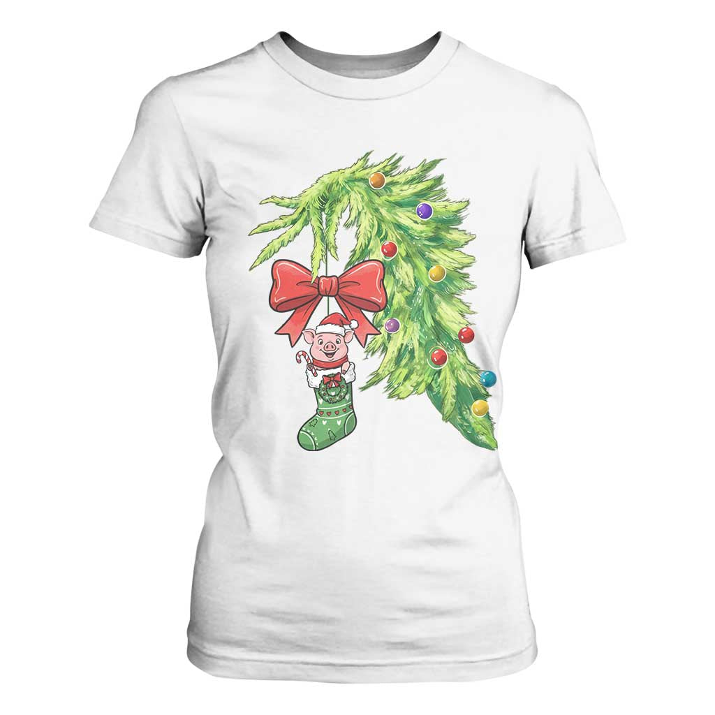 Funny Christmas Pig In Green Hand Naughty T Shirt For Women Pet Lover Gift TS12 White Print Your Wear