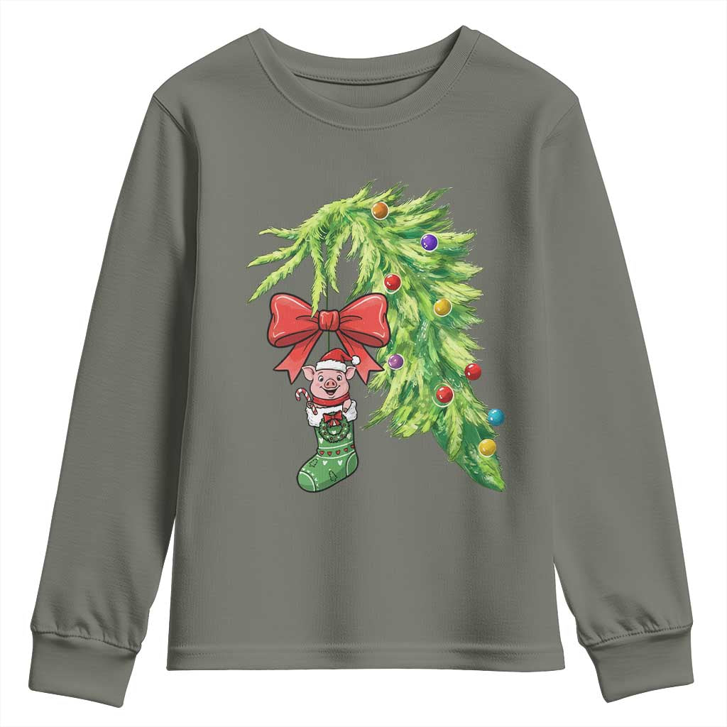 Funny Christmas Pig In Green Hand Naughty Youth Sweatshirt Pet Lover Gift TS12 Military Green Print Your Wear