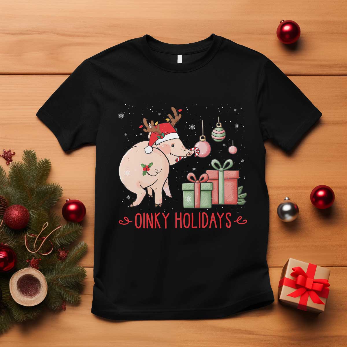 Oinky Holidays T Shirt Funny Christmas Pig Lover Gift TS12 Black Print Your Wear