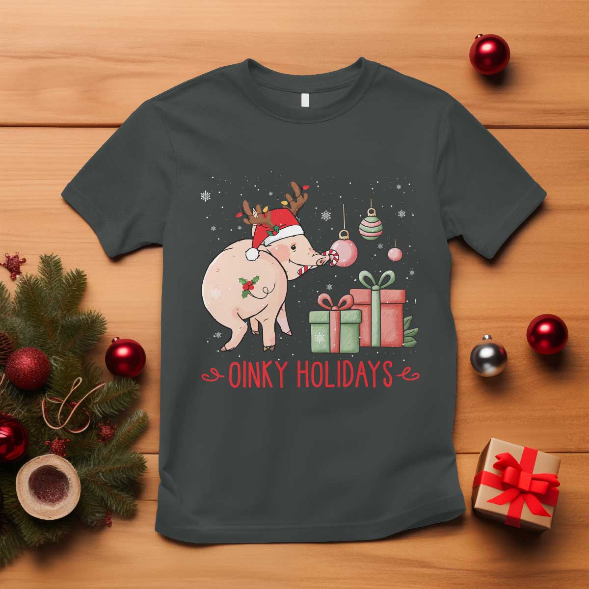 Oinky Holidays T Shirt Funny Christmas Pig Lover Gift TS12 Dark Heather Print Your Wear