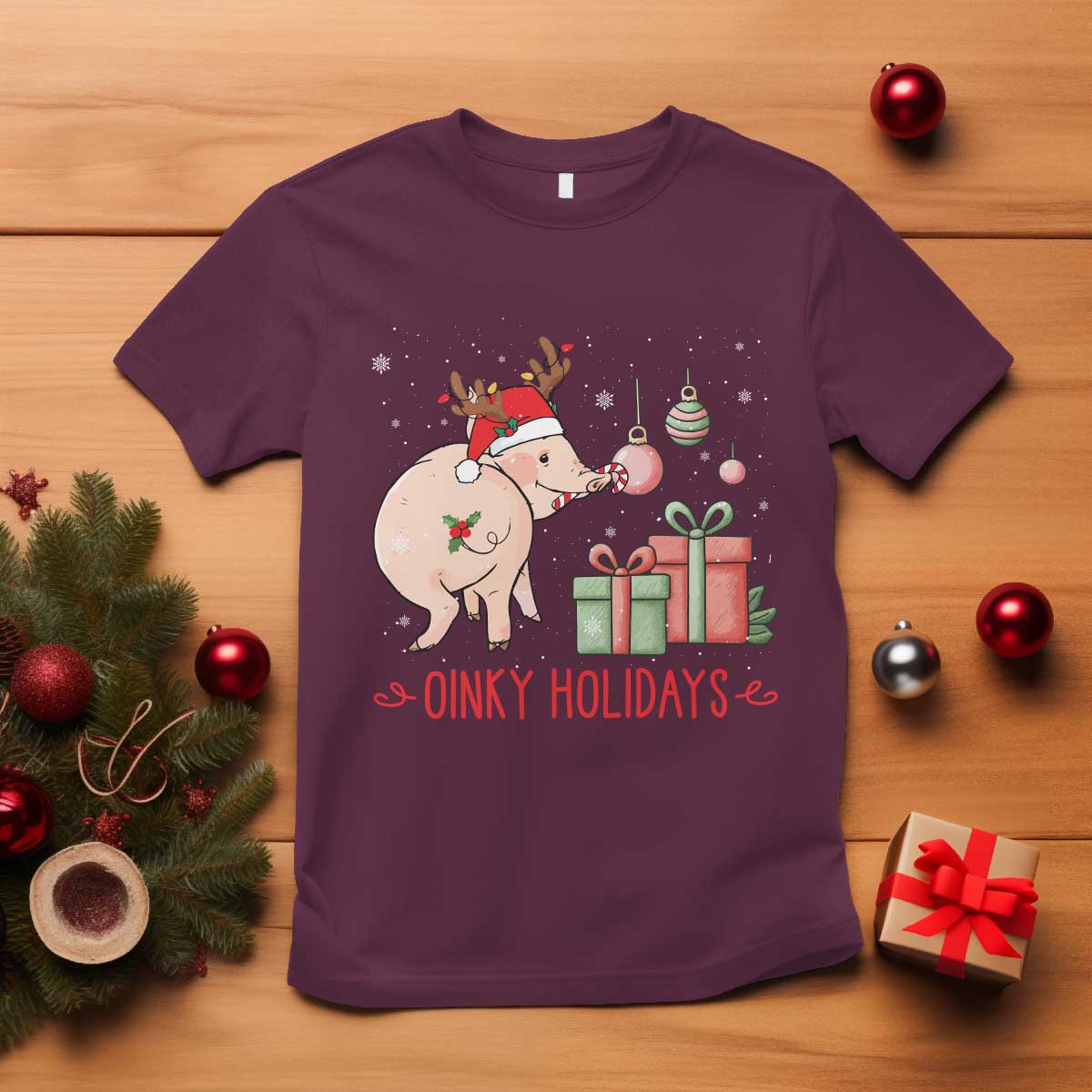 Oinky Holidays T Shirt Funny Christmas Pig Lover Gift TS12 Maroon Print Your Wear