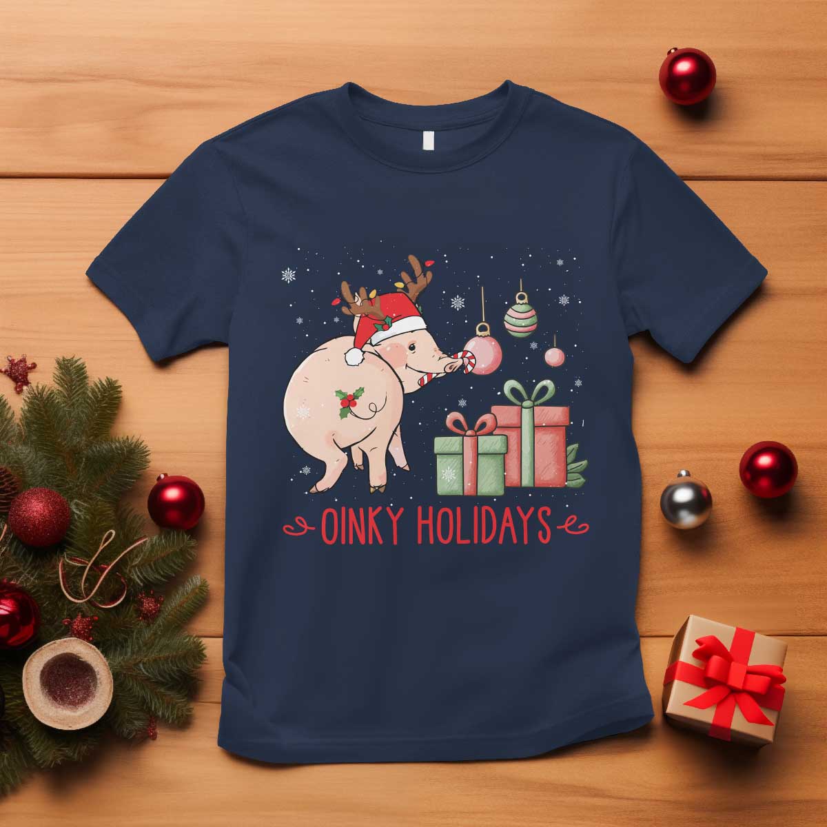 Oinky Holidays T Shirt Funny Christmas Pig Lover Gift TS12 Navy Print Your Wear