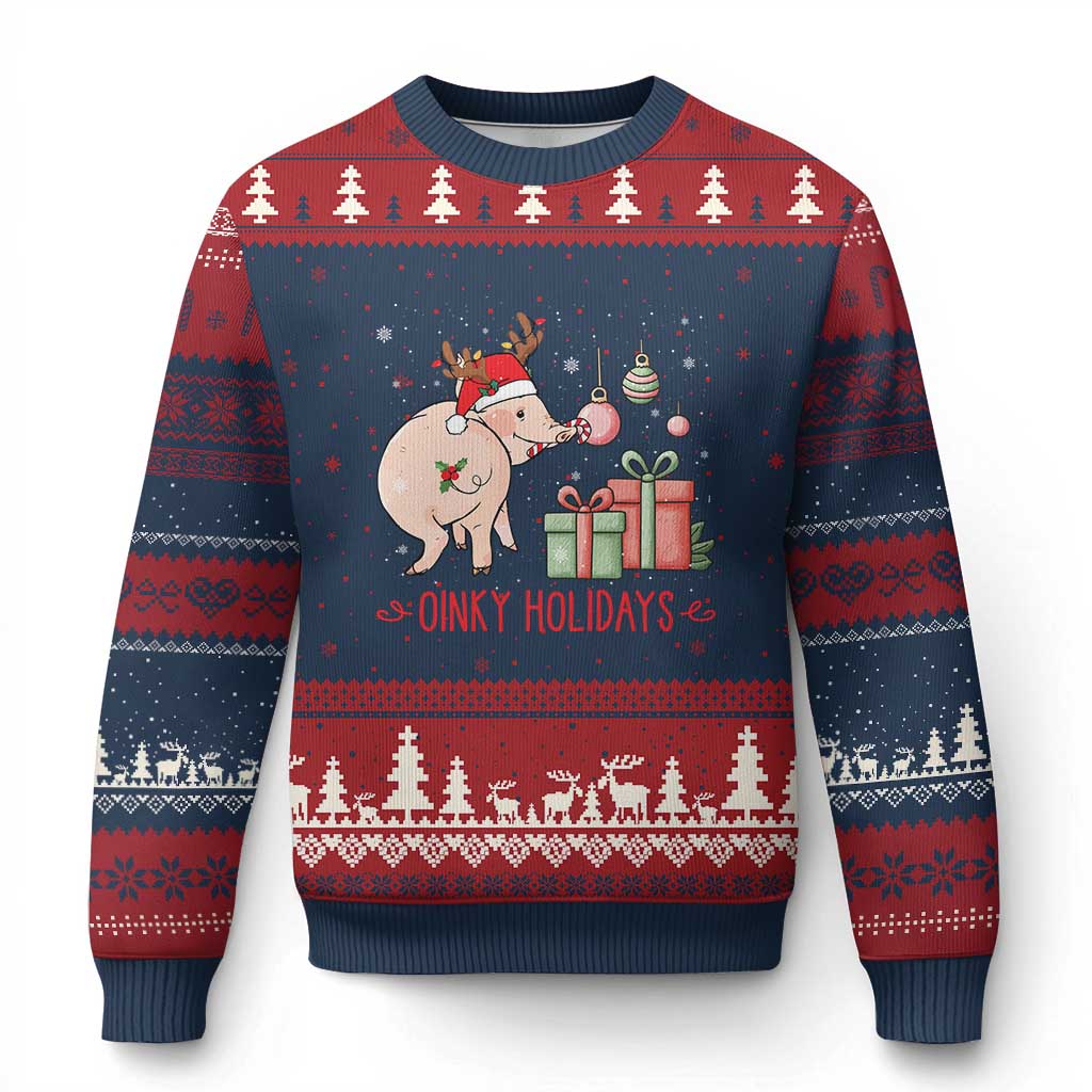 Oinky Holidays Ugly Christmas Sweater Funny Xmas Pig Lover Gift TS12 Navy Red Print Your Wear