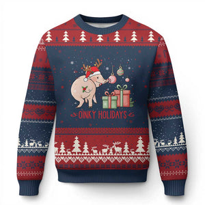 Oinky Holidays Ugly Christmas Sweater Funny Xmas Pig Lover Gift TS12 Navy Red Print Your Wear