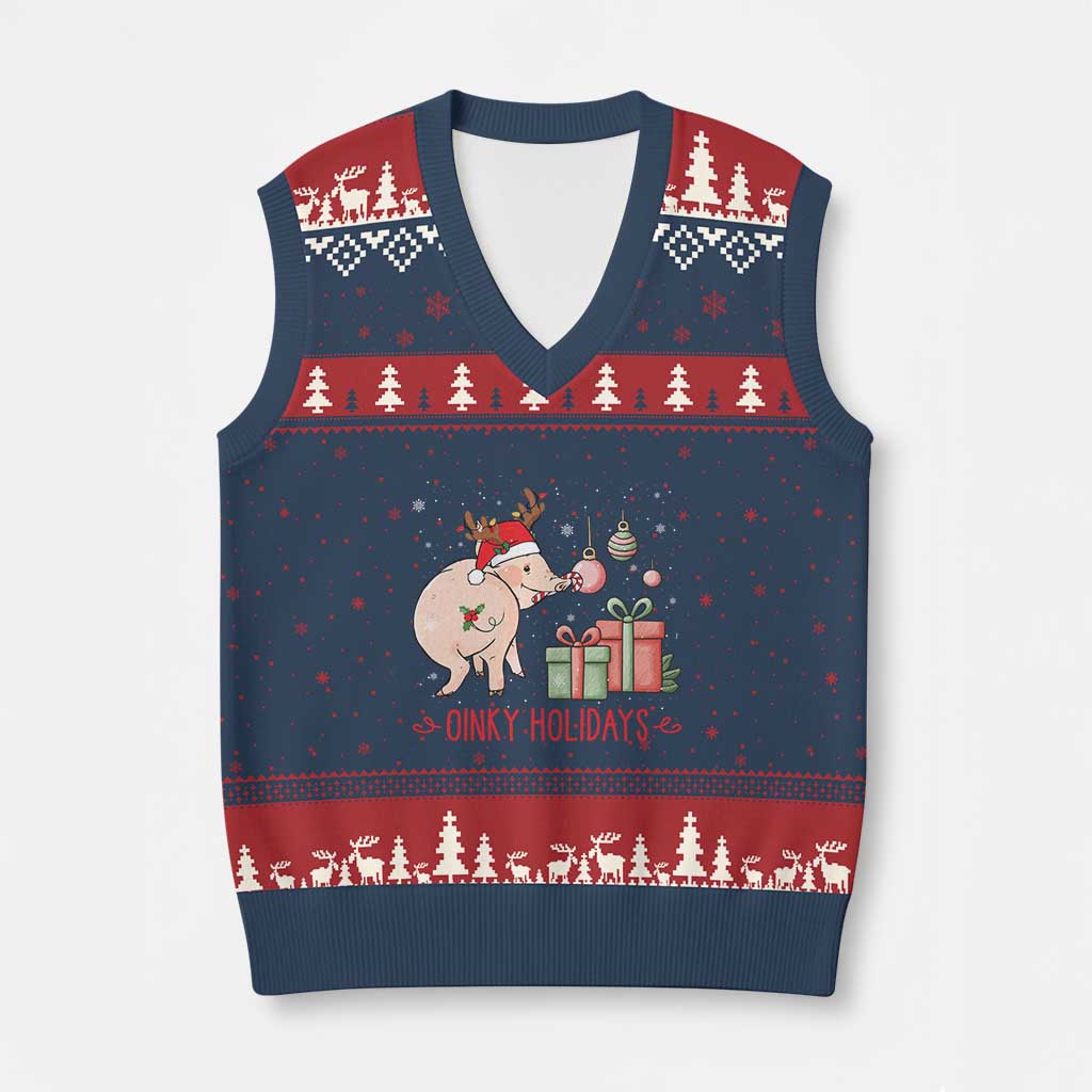 Oinky Holidays V-Neck Knit Sweater Vest Funny Xmas Pig Lover Gift TS12 Navy Red Print Your Wear