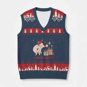 Oinky Holidays V-Neck Knit Sweater Vest Funny Xmas Pig Lover Gift TS12 Navy Red Print Your Wear