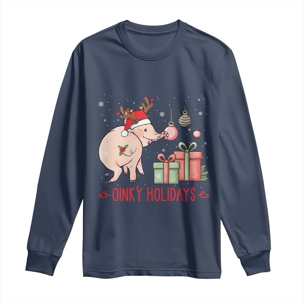 Oinky Holidays Long Sleeve Shirt Funny Christmas Pig Lover Gift TS12 Navy Print Your Wear