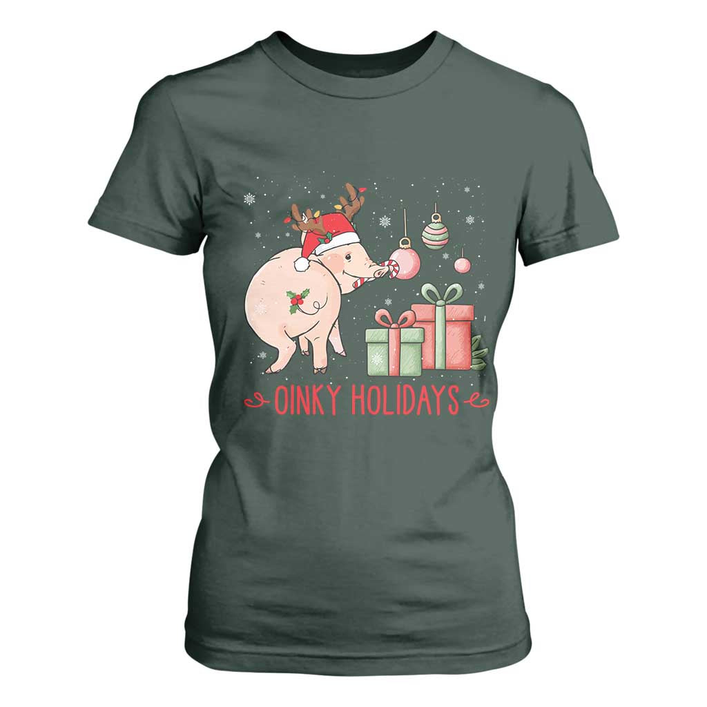 Oinky Holidays T Shirt For Women Funny Christmas Pig Lover Gift TS12 Dark Forest Green Print Your Wear