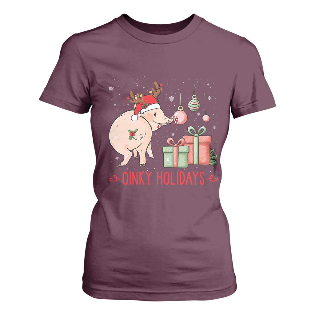 Oinky Holidays T Shirt For Women Funny Christmas Pig Lover Gift TS12 Maroon Print Your Wear