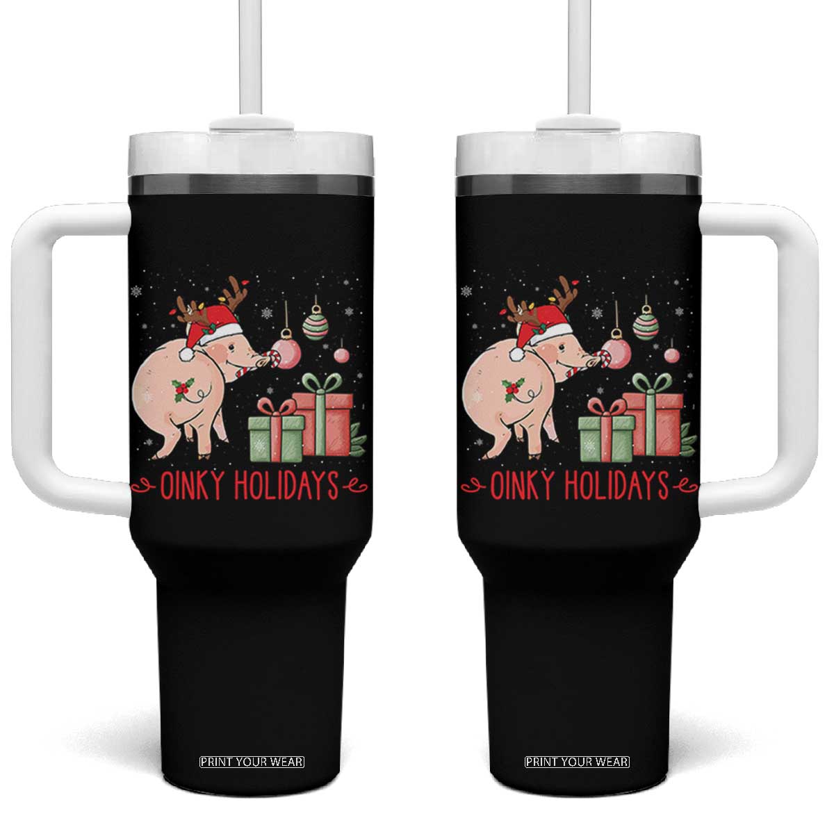 Oinky Holidays Tumbler With Handle Funny Christmas Pig Lover Gift TS12 One Size: 40 oz Black Print Your Wear